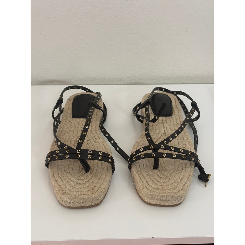 Madewell Mira Espadrille Thong Sandal Ankle Wrap Grommet Leather Black NV826 10 - Picture 2 of 9